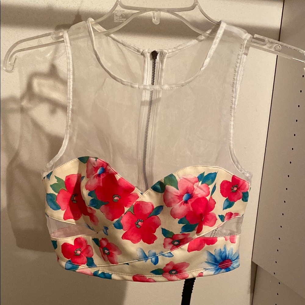 Floral Mesh Cut-Out Going-Out Crop Top